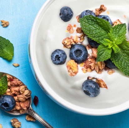 Close-up of yogurt with blueberries and cereal pieces, representing cultured dairy solutions