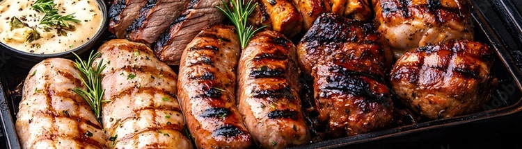 Grilled chicken and steak cuts with herbs, representing meat, seafood, and poultry applications.
