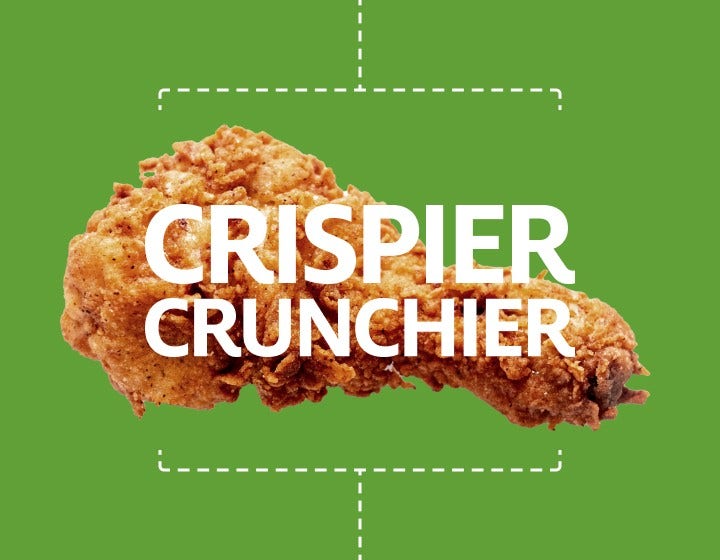 Crispy fried chicken with tagline “Crispier Crunchier,” highlighting texture expertise