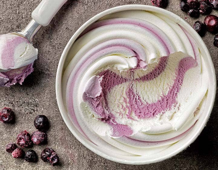 Swirled blueberry yogurt with fresh blueberries, promoting reduced-sugar dairy solutions