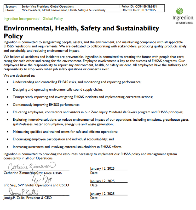 Environmental, Health, Safety and Sustainability Policy